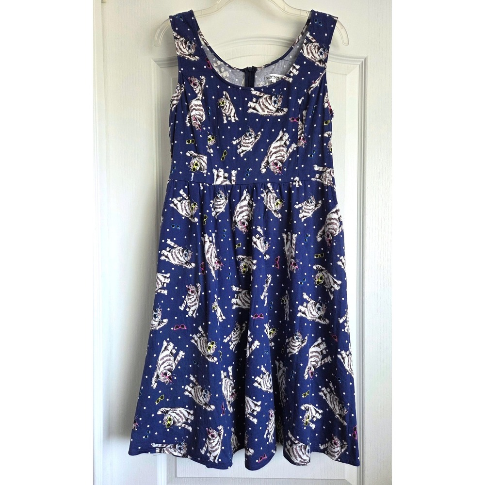 LA Soul Navy Blue Cat Sunglasses Polka Dot Fit Flare Sleeveless Summer Dress S L